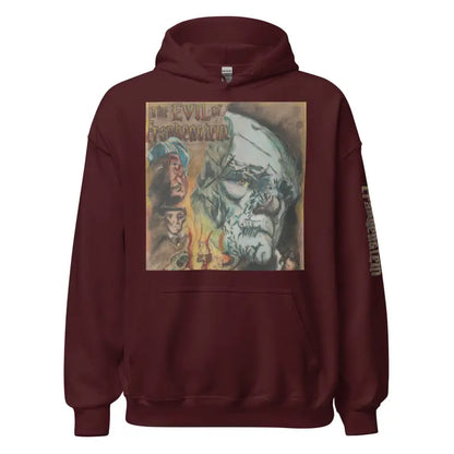 Maroon hoodie featuring vintage horror artwork inspired by Frankenstein classics
