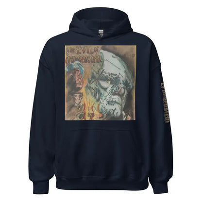 Navy blue Evil of Frankenstein Hoodie with gothic artwork inspired by horror classics
