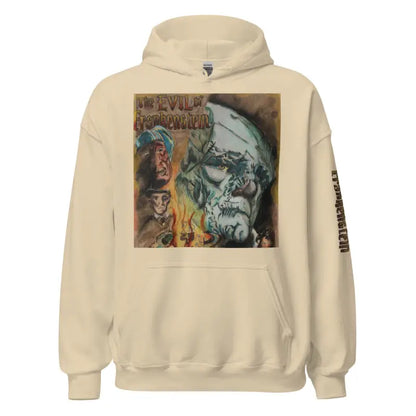 Beige Hoodie showcasing dark Frankenstein album cover art for a horror classic hoodie