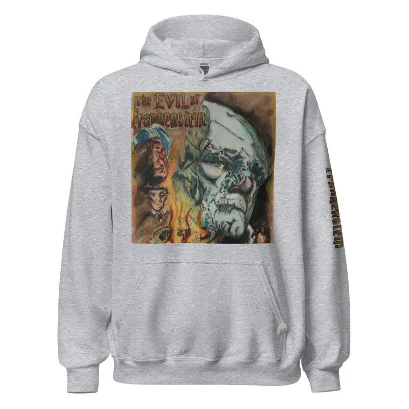 Grey hoodie featuring dark skull artwork, inspired by Frankenstein and vintage horror classics