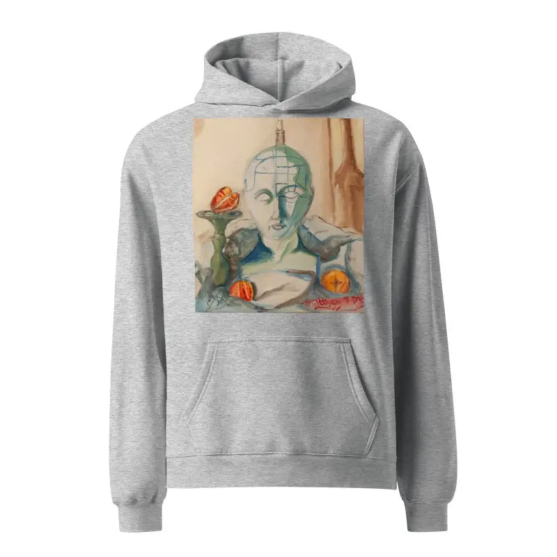 Grey hooded sweatshirt with artistic classical bust and pumpkins, Phrenology Unisex Oversized