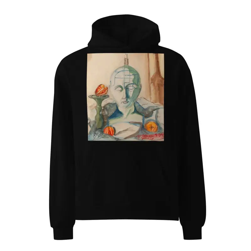 Black Phrenology Unisex Oversized Hoodie featuring artistic bust print and oranges