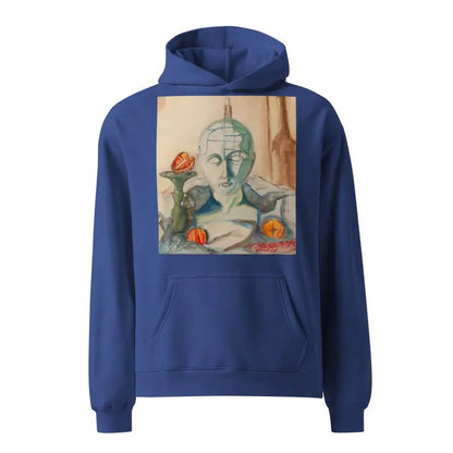 Royal blue pullover hoodie with classical bust and oranges, exploring phrenology unisex oversized art