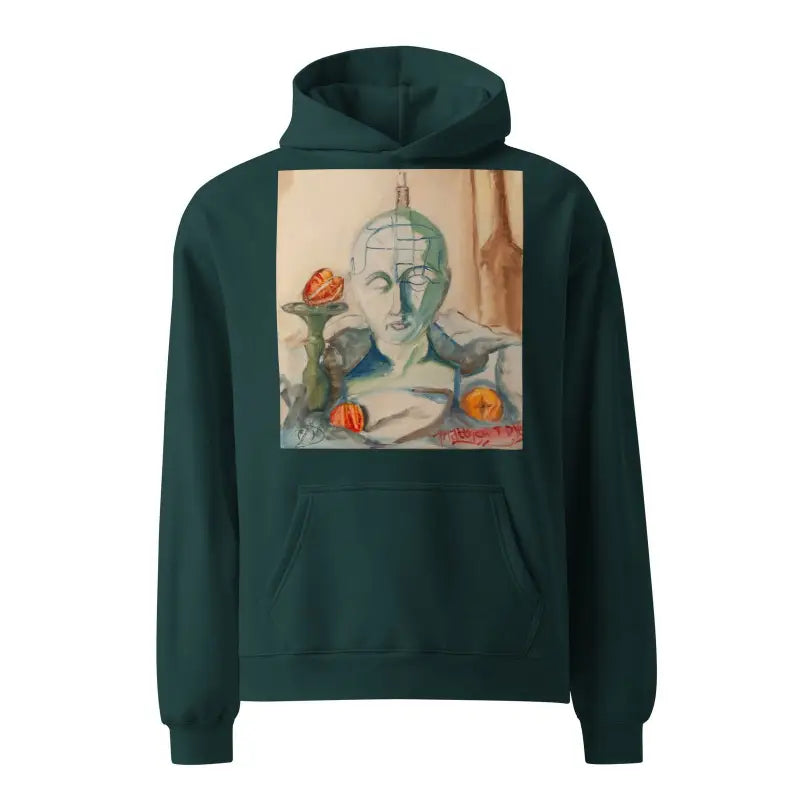 Dark green phrenology unisex oversized hoodie with artistic bust and oranges print