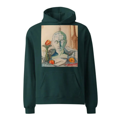 Dark green phrenology unisex oversized hoodie with artistic bust and oranges print