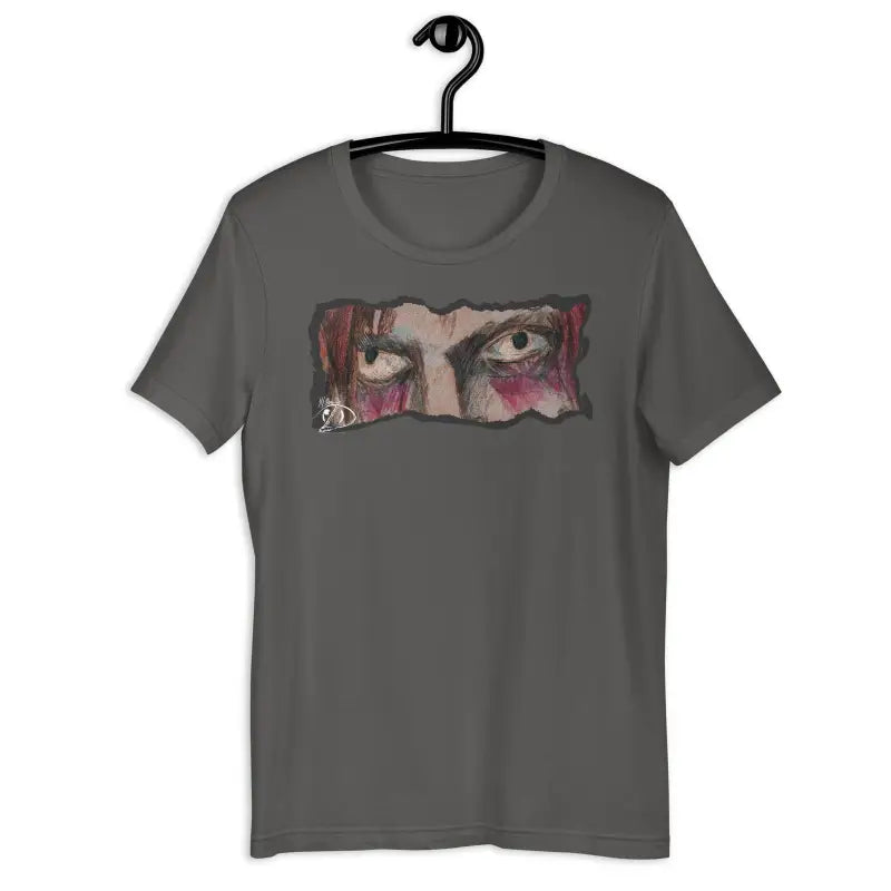 Gray t-shirt featuring artistic eye design, perfect for showcasing Halloween spirit