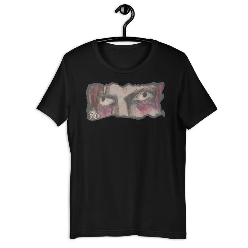 Black t-shirt featuring an artistic eye design embodying Halloween spirit and haunting eyes