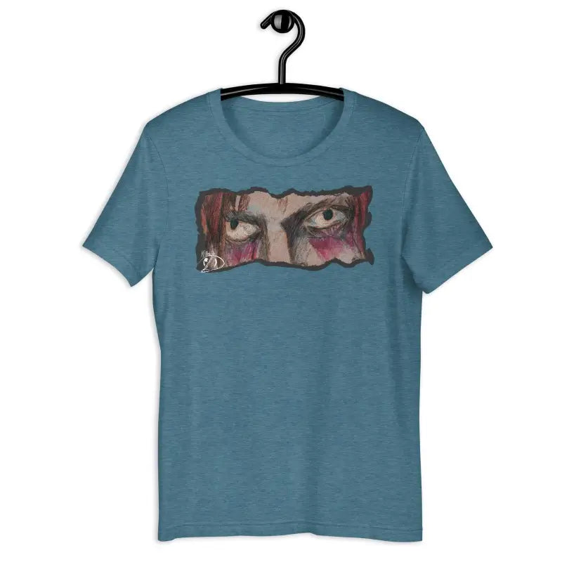 Teal t-shirt featuring haunting eyes design for a chilling Halloween spirit look