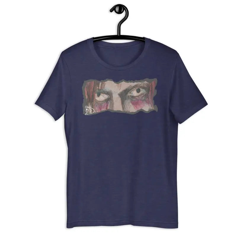 Navy blue t-shirt featuring a haunting eyes design for the Halloween spirit