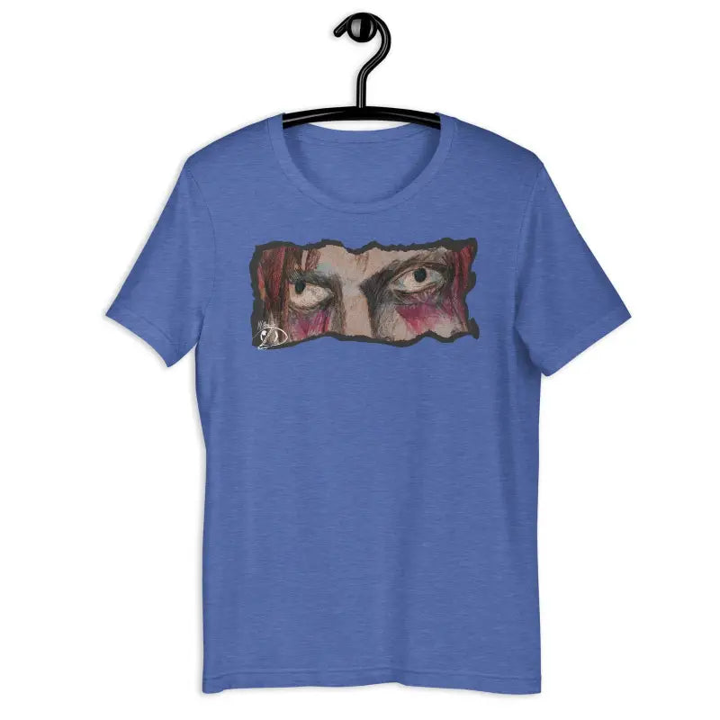 Blue t-shirt featuring haunting eyes design, perfect for Halloween spirit and eerie elegance