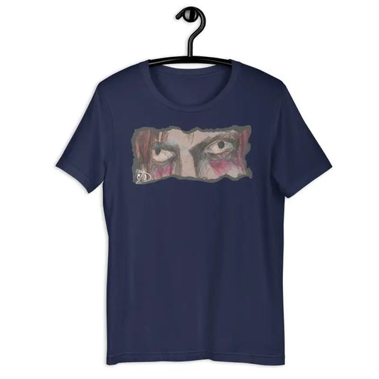 Navy blue Haunting Gaze Halloween Tee featuring chilling close-up of haunting eyes