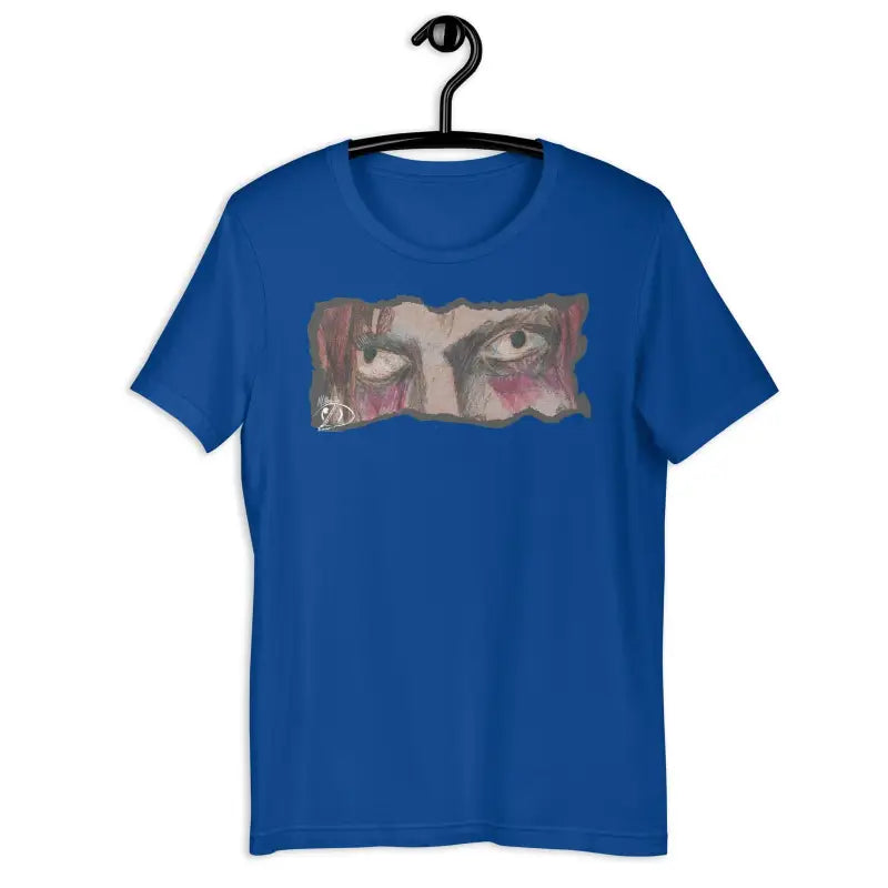 Royal blue t-shirt featuring haunting eyes design for Halloween spirit and eerie elegance