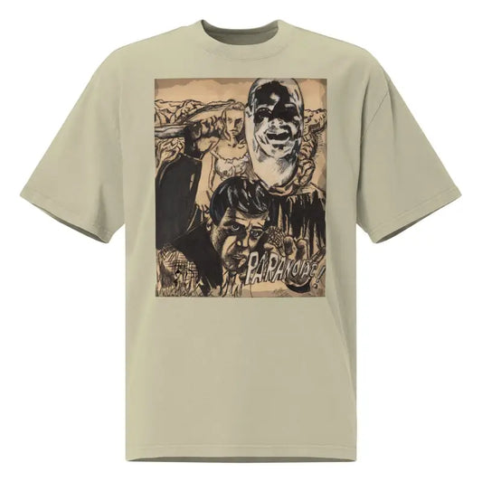 Beige Eerie Elegance Faded Paranoiac Oversized Tee with artistic portrait print