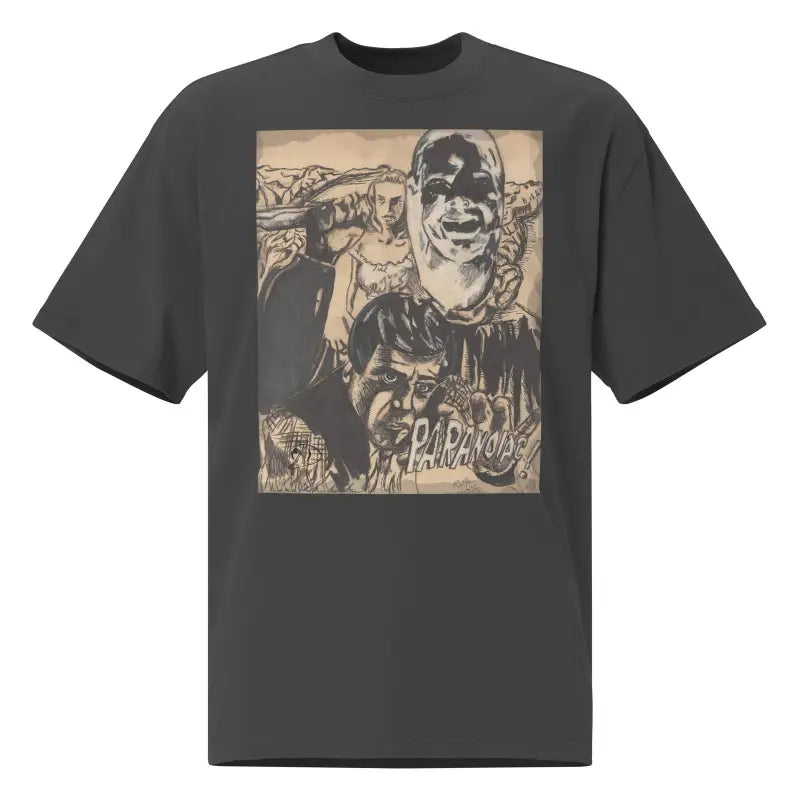 Dark gray oversized tee featuring sepia-toned artistic portrait in Eerie Elegance design