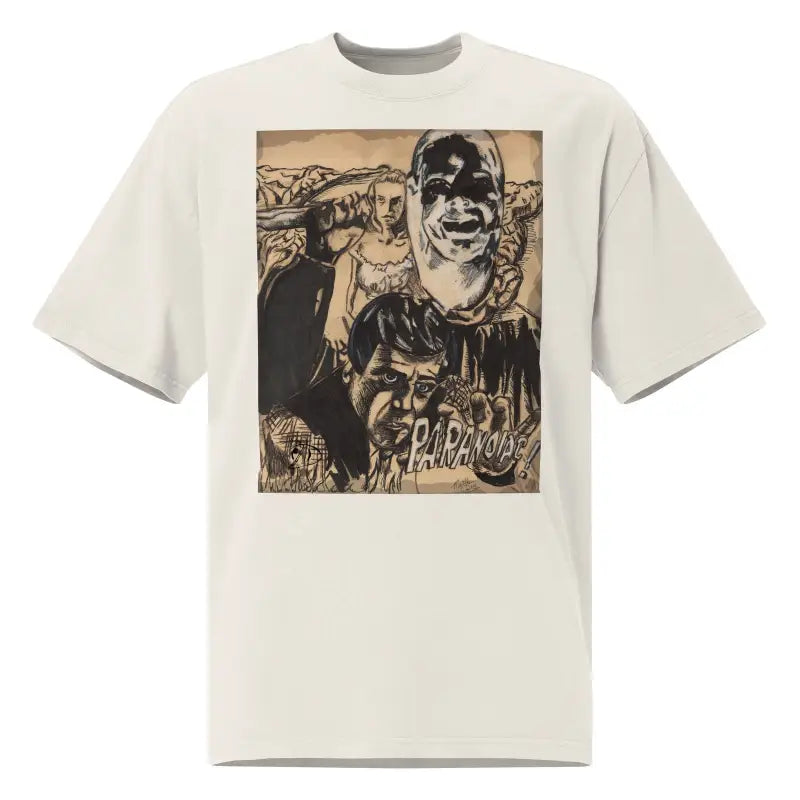 White Eerie Elegance Faded Paranoiac Oversized Tee with sepia-toned artistic print