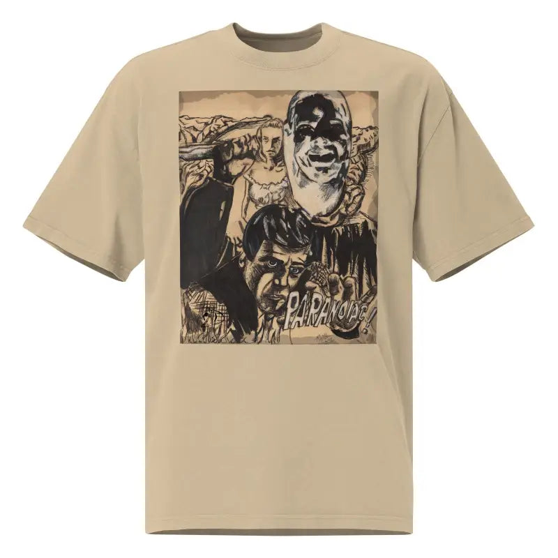 Beige Eerie Elegance Faded Paranoiac Oversized Tee with sepia-toned portrait print