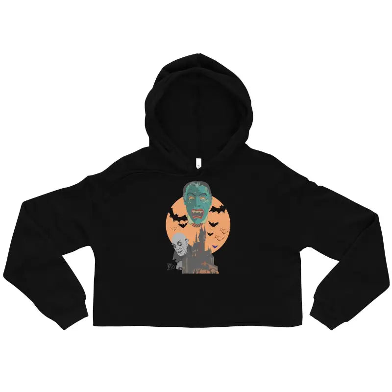 Black cropped hoodie featuring Matthew Dye art with Frankenstein and bats design