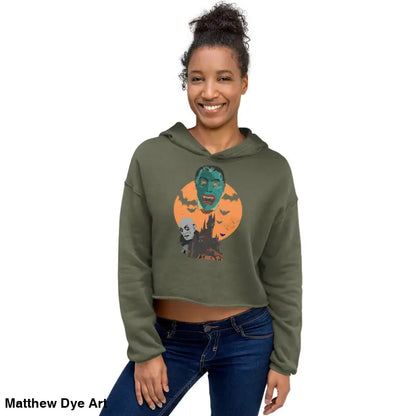 Woman wearing a Vampires Crop Hoodie featuring Matthew Dye art, meticulously crafted for style