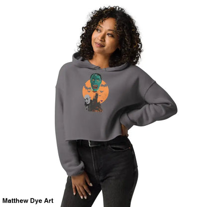 Gray cropped hoodie with Halloween design by Matthew Dye Art, meticulously crafted for vampires