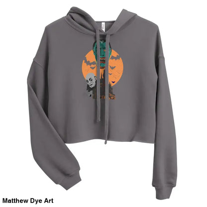 Gray vampires crop hoodie featuring Matthew Dye art for gothic souls, meticulously crafted