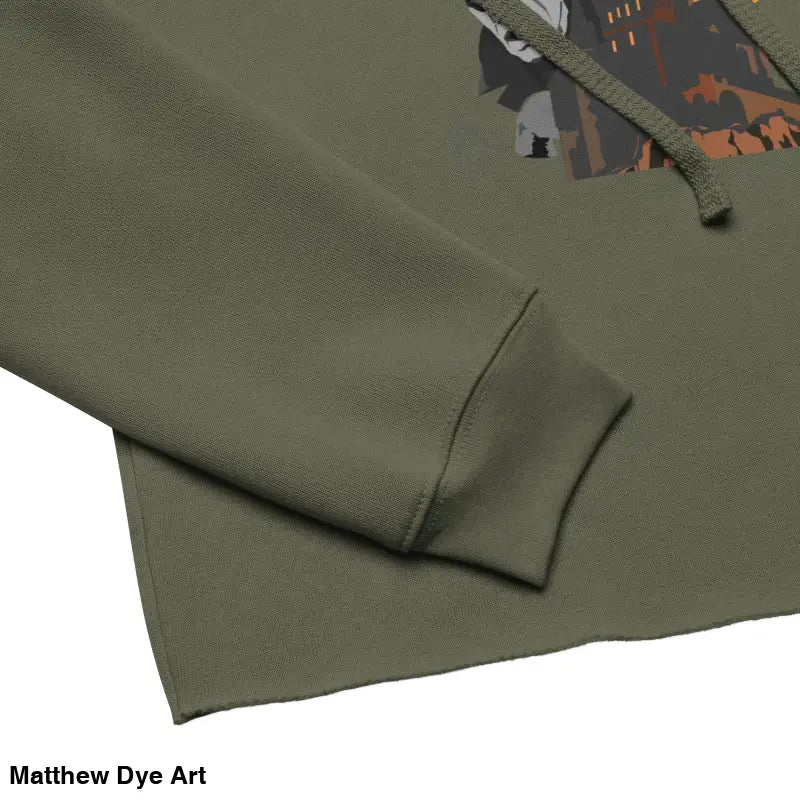 Olive green vampires crop hoodie from Fangs & Fashion, featuring Matthew Dye art