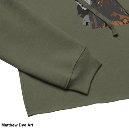 Olive green vampires crop hoodie from Fangs & Fashion, featuring Matthew Dye art