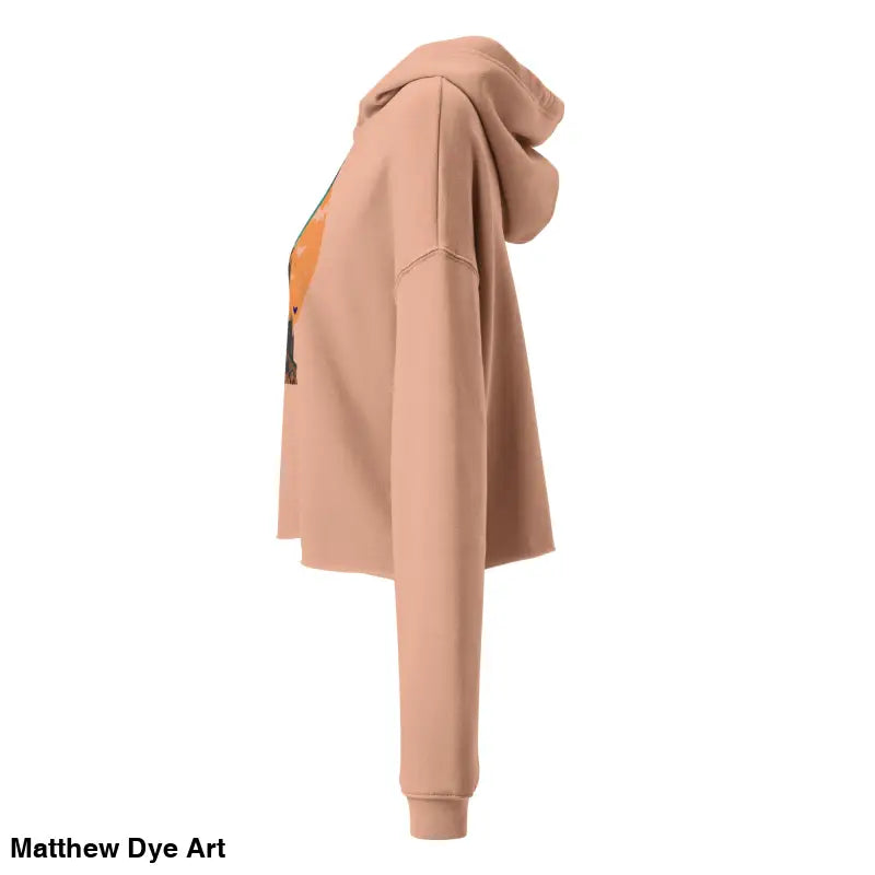 Peach-colored hooded sweatshirt from Fangs & Fashion, featuring Matthew Dye art, meticulously crafted