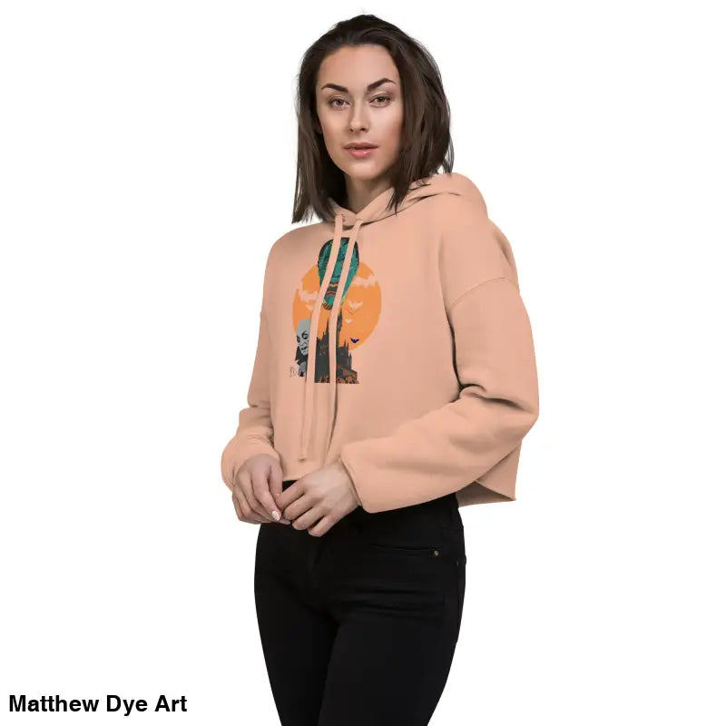 Peach-colored cropped hoodie from Fangs & Fashion, meticulously crafted vampire crop hoodie