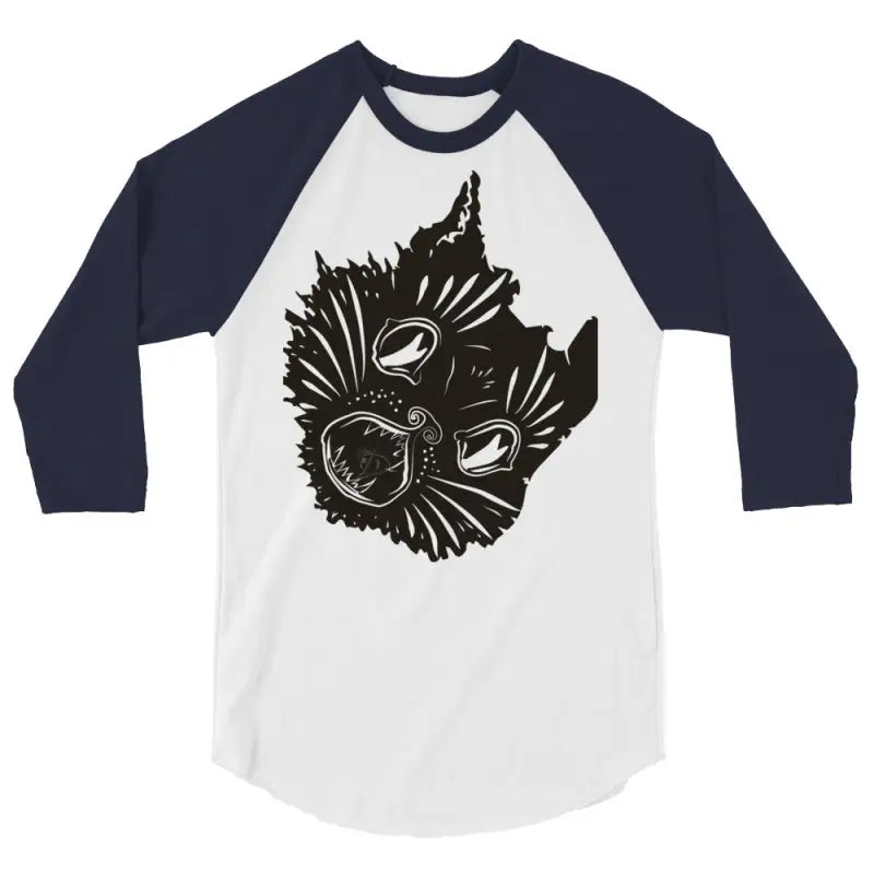 Baseball raglan t-shirt featuring fierce feline face design in black and white