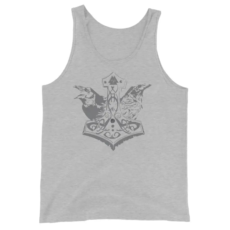 Grey tank top featuring Matthew Dye Art’s Viking Might design of Thor’s hammer