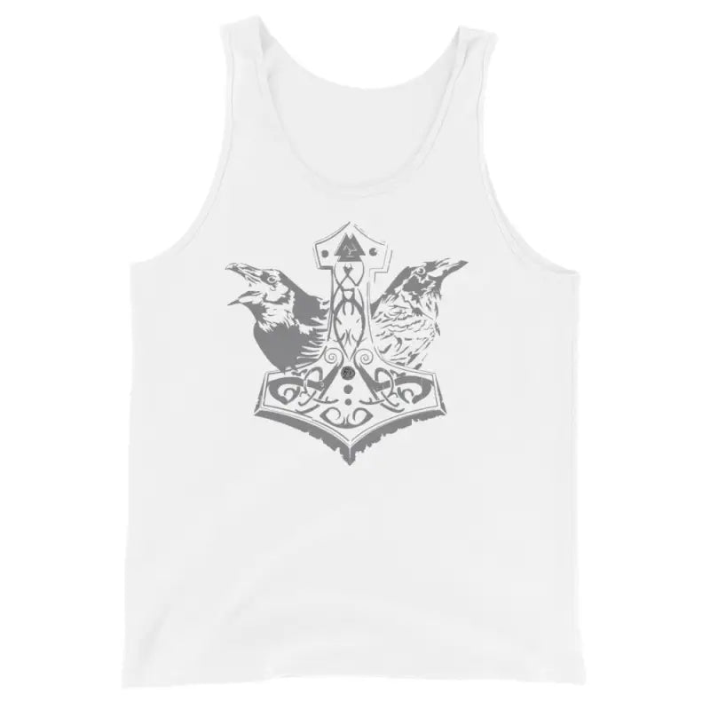 White tank top featuring Matthew Dye Art’s Viking Might design with Thor’s hammer and ravens