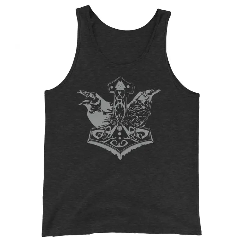 Black tank top featuring Matthew Dye Art’s Viking Might design of Thor’s hammer and ravens