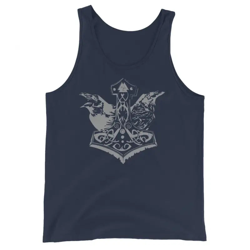 Navy blue tank top with Matthew Dye Art’s Viking Might design featuring ravens and Mjolnir