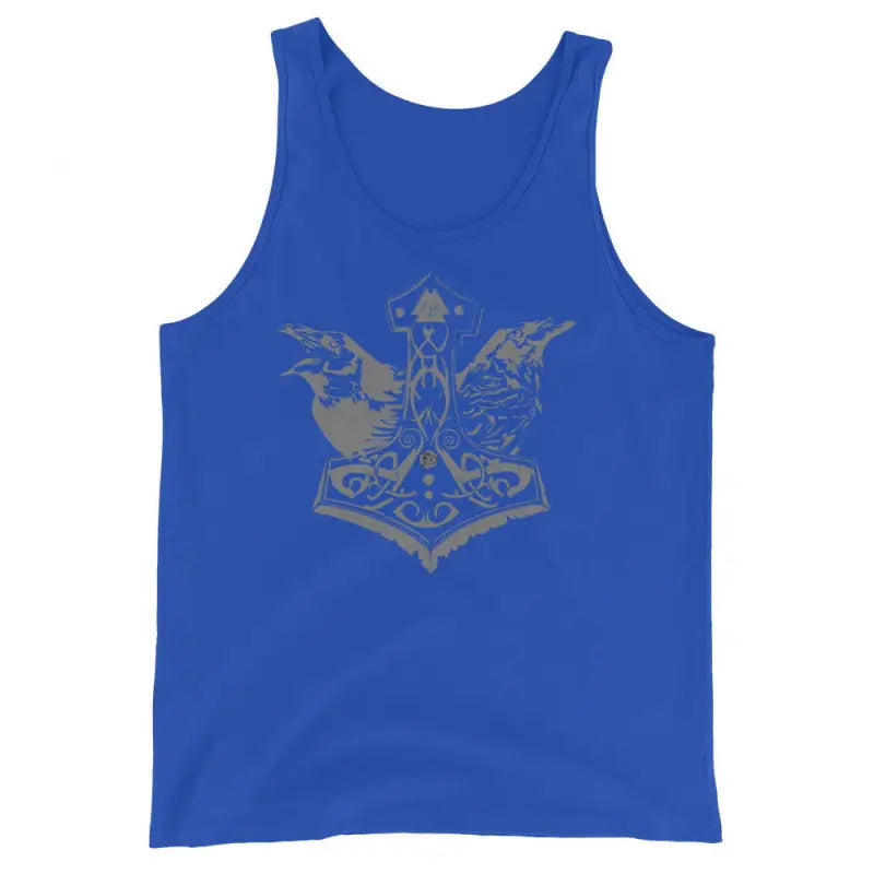 Royal blue tank top featuring decorative gray Thor’s hammer design by Matthew Dye Art’s