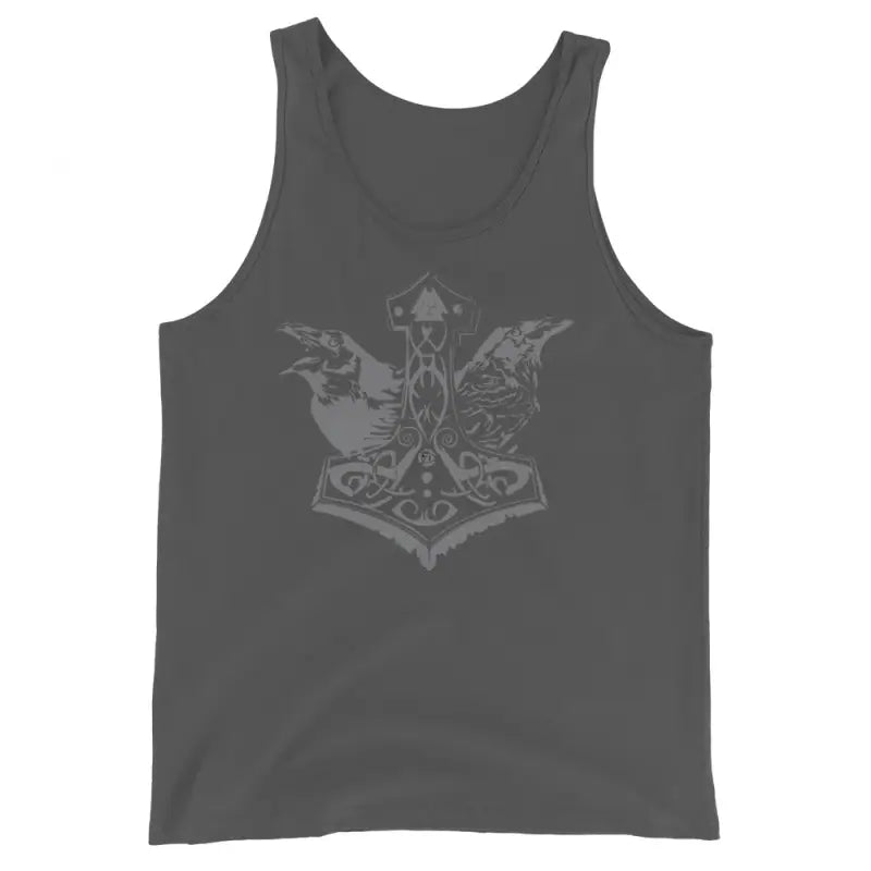 Dark gray tank top featuring Matthew Dye Art’s Viking Might Thor’s hammer design