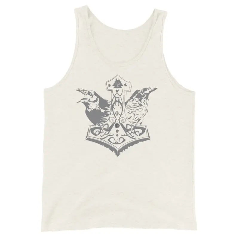 White tank top featuring Matthew Dye Art’s Viking Might design of Thor’s hammer and ravens