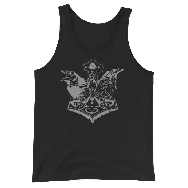 Black tank top featuring Matthew Dye Art’s Viking Might design with Thor’s hammer and ravens