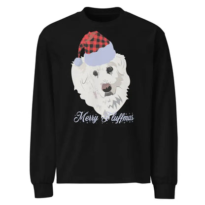 Black long sleeve shirt featuring a dog in a Santa hat, ideal holiday gift art