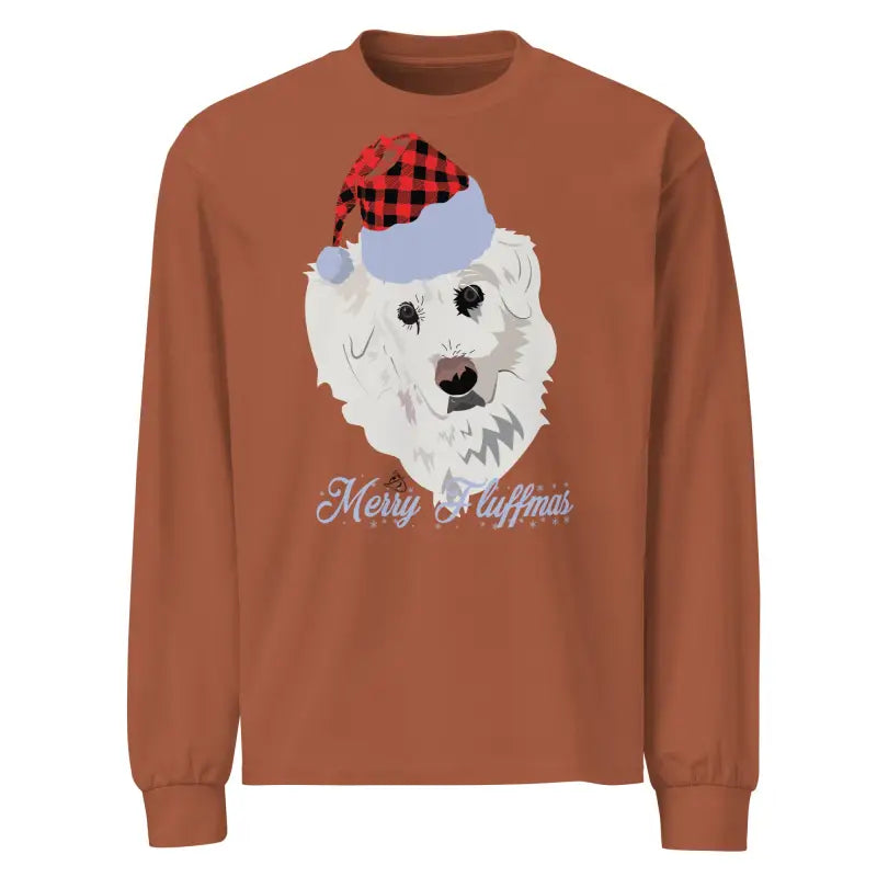 Brown long sleeve shirt featuring dog in Santa hat, perfect holiday gift art