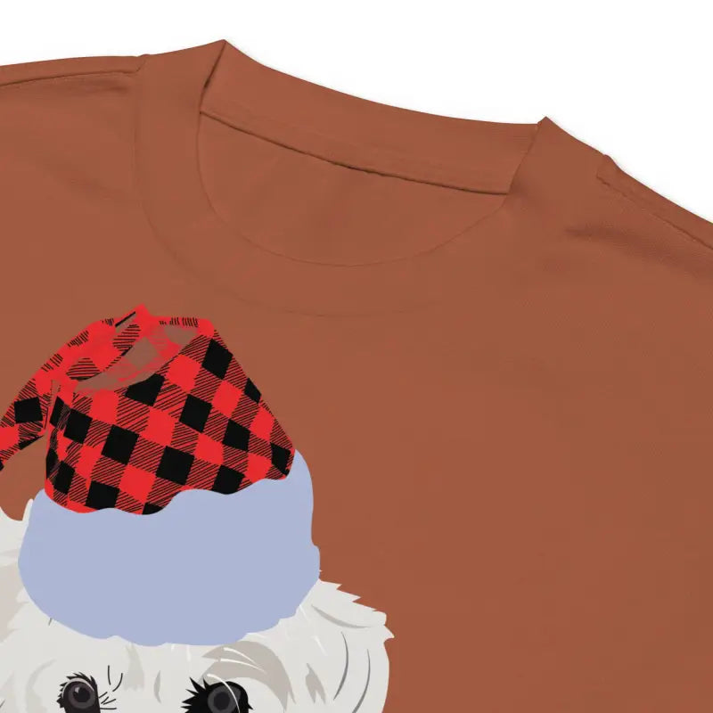 Brown long sleeve shirt featuring a dog in a Santa hat, perfect gift for pet lovers