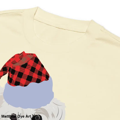 Cream-colored long sleeve shirt featuring dog in plaid Santa hat, ideal gift for art lovers