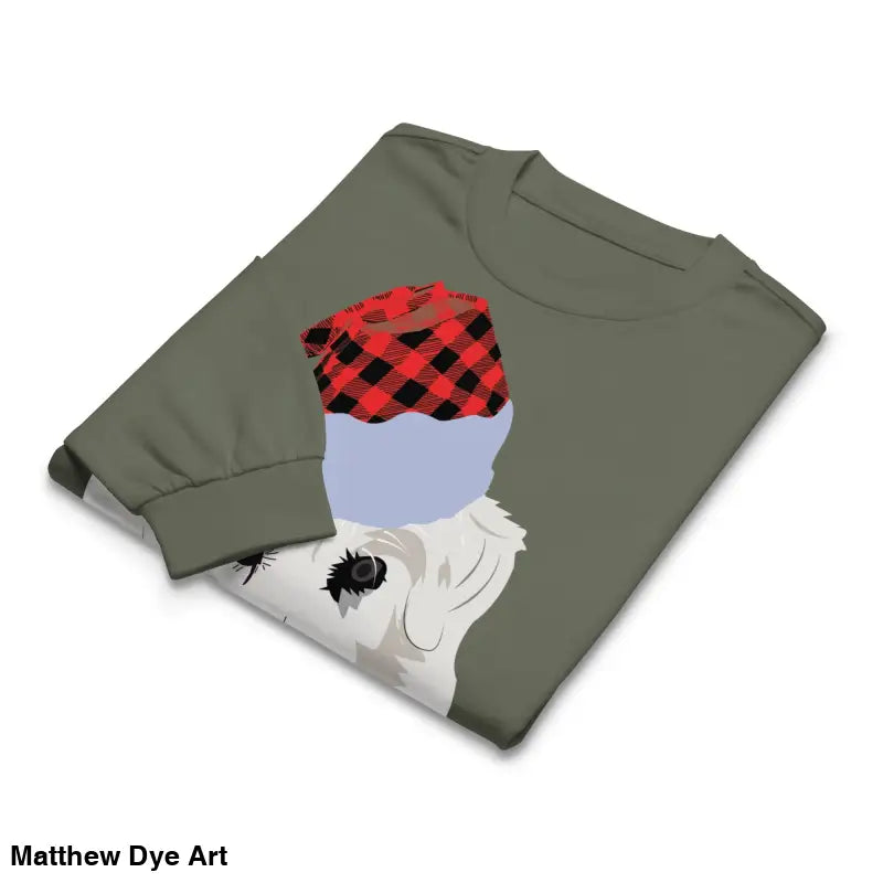 Olive-green long sleeve shirt featuring dog graphic, ideal art gift for dog lovers