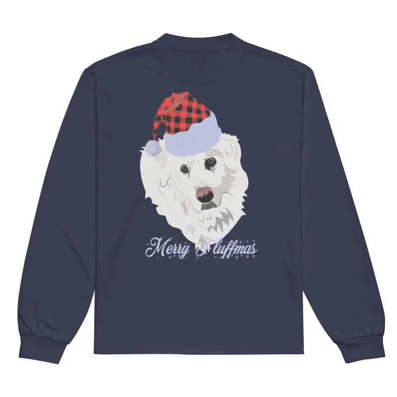 Navy long sleeve shirt featuring a dog in a Santa hat, perfect holiday gift art