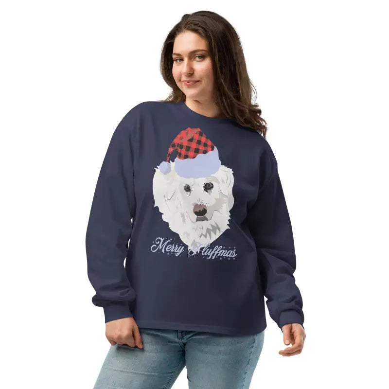 Navy blue long sleeve shirt featuring dog in Santa hat, perfect holiday gift