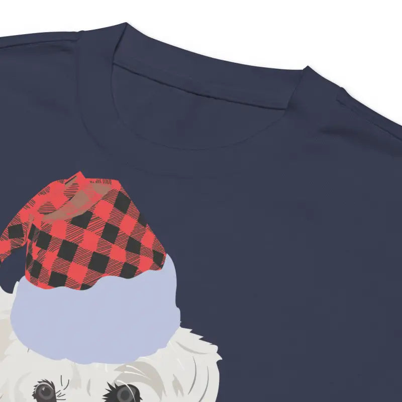 Navy blue long sleeve shirt featuring dog in Santa hat, ideal holiday gift and art