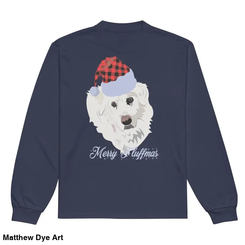 Navy long sleeve shirt featuring a dog in a Santa hat, perfect holiday gift art