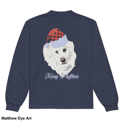 Navy long sleeve shirt featuring a dog in a Santa hat, perfect holiday gift art