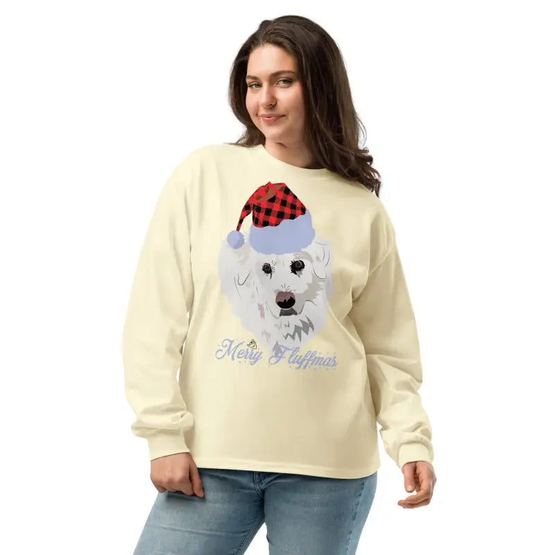 Woman in cream long sleeve shirt, Fluff Yeah! Merry Fluffmas Long Sleeve gift art design