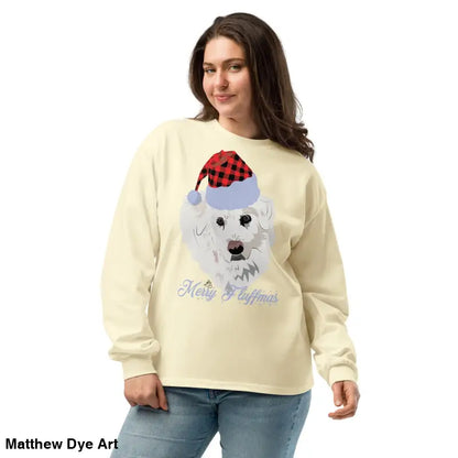 Woman in cream long sleeve shirt, Fluff Yeah! Merry Fluffmas Long Sleeve gift art design