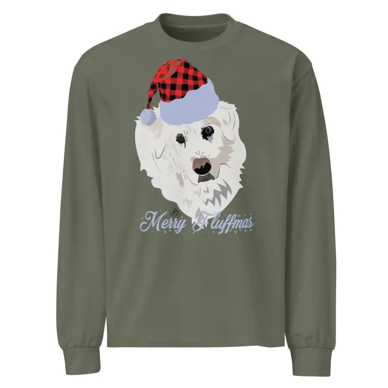 Olive green long sleeve shirt featuring dog in Santa hat, perfect gift for art lovers